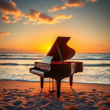 A grand piano elegantly positioned on a serene beach at sunset, the warm golden and orange hues of the sky reflecting on the gentle waves of the ocean