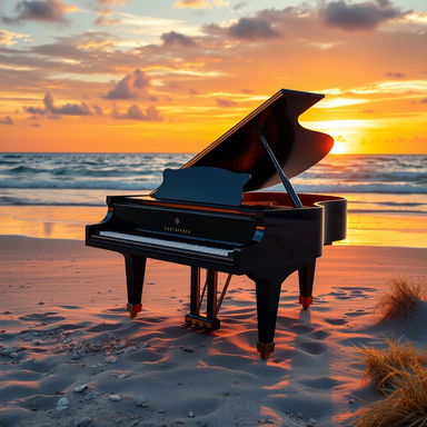 A grand piano elegantly positioned on a serene beach at sunset, the warm golden and orange hues of the sky reflecting on the gentle waves of the ocean