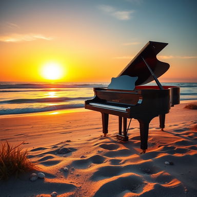A grand piano elegantly positioned on a serene beach at sunset, the warm golden and orange hues of the sky reflecting on the gentle waves of the ocean
