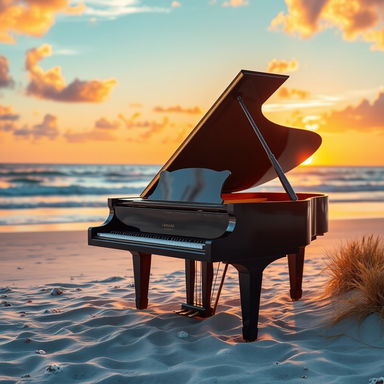 A grand piano elegantly positioned on a serene beach at sunset, the warm golden and orange hues of the sky reflecting on the gentle waves of the ocean