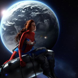 A beautiful woman in a Spiderman costume contemplating atop a satellite while gazing towards the earth, in a fantasy outer space setting.