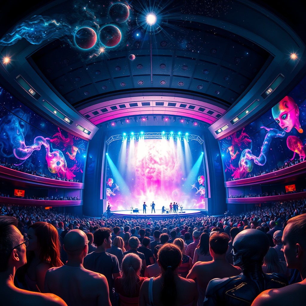 A stunning intergalactic concert hall set in outer space, featuring a large, glowing stage illuminated by radiant cosmic lights