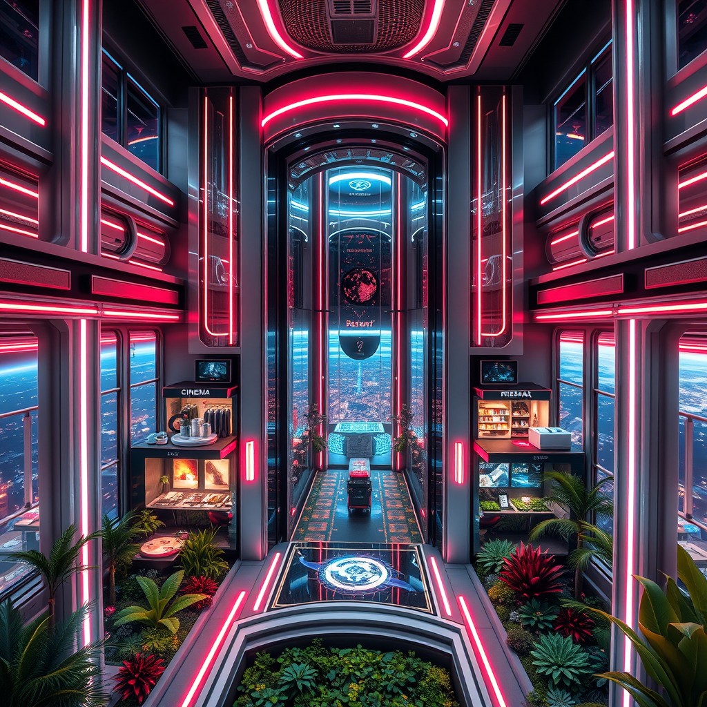 A futuristic tour featuring an elevator that ascends from the earth to outer space, showcasing a sophisticated waiting area that includes a cinema, a high-end restaurant, and various ultramodern shops of all kinds
