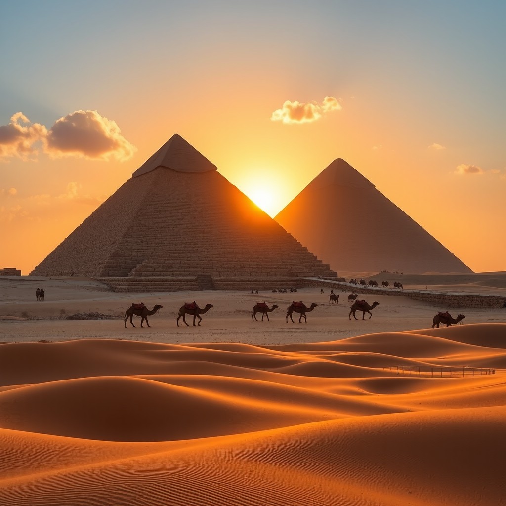 A breathtaking view of the Great Pyramids of Giza at sunset, with a warm golden glow illuminating the ancient stone structures
