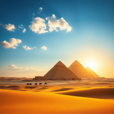 A breathtaking view of the Great Pyramids of Giza at sunset, with a warm golden glow illuminating the ancient stone structures