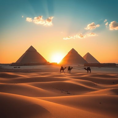A breathtaking view of the Great Pyramids of Giza at sunset, with a warm golden glow illuminating the ancient stone structures