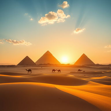 A breathtaking view of the Great Pyramids of Giza at sunset, with a warm golden glow illuminating the ancient stone structures