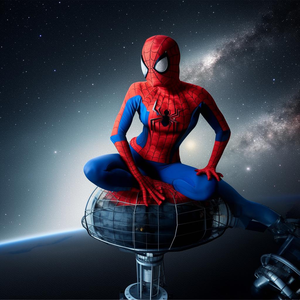 A beautiful woman in a Spiderman costume contemplating atop a satellite while gazing towards the earth, in a fantasy outer space setting.