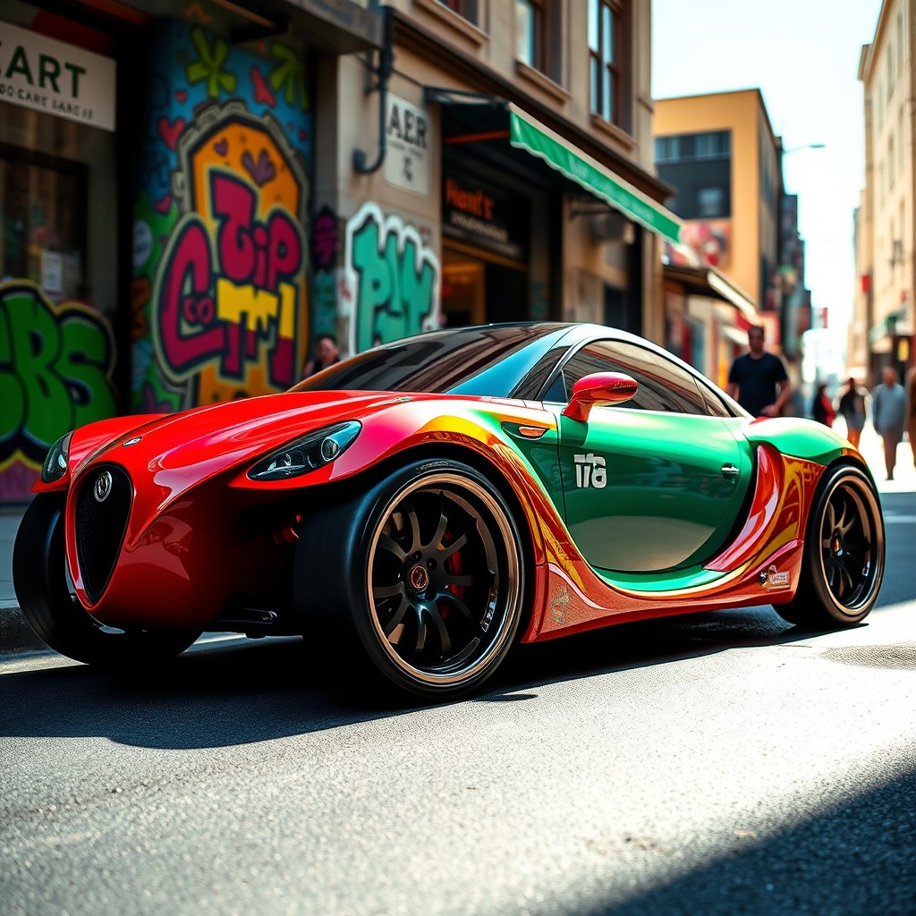 A unique and creative car with a vibrant design, featuring oversized wheels on one side and smaller wheels on the other side, creating an intriguing asymmetrical look