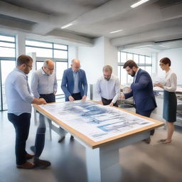 A vibrant civil engineering office with elements of real estate consultancy, exhibiting intricately designed blueprints of a unique bridge, architectural plans, 3D models of infrastructures, and professionals discussing over an expansive bridge design