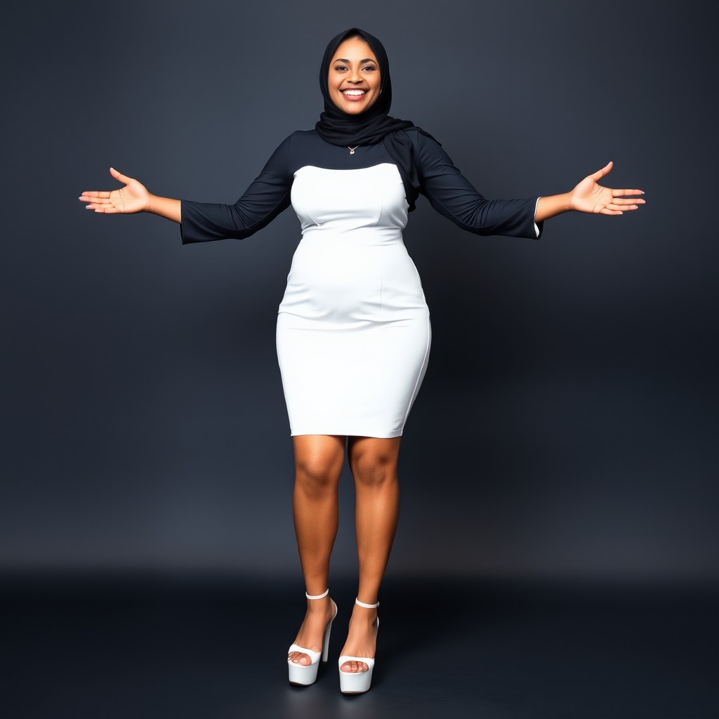 A confident woman in her 40s, wearing a stylish black hijab paired with a chic white short dress that accentuates her curves