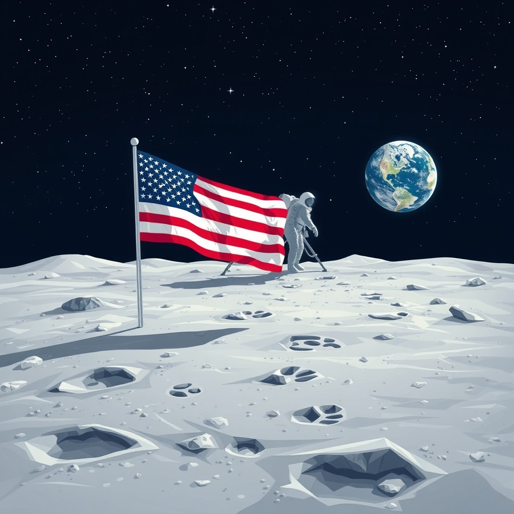 An illustration of the American flag planted on the lunar surface, depicting a clear night sky filled with stars