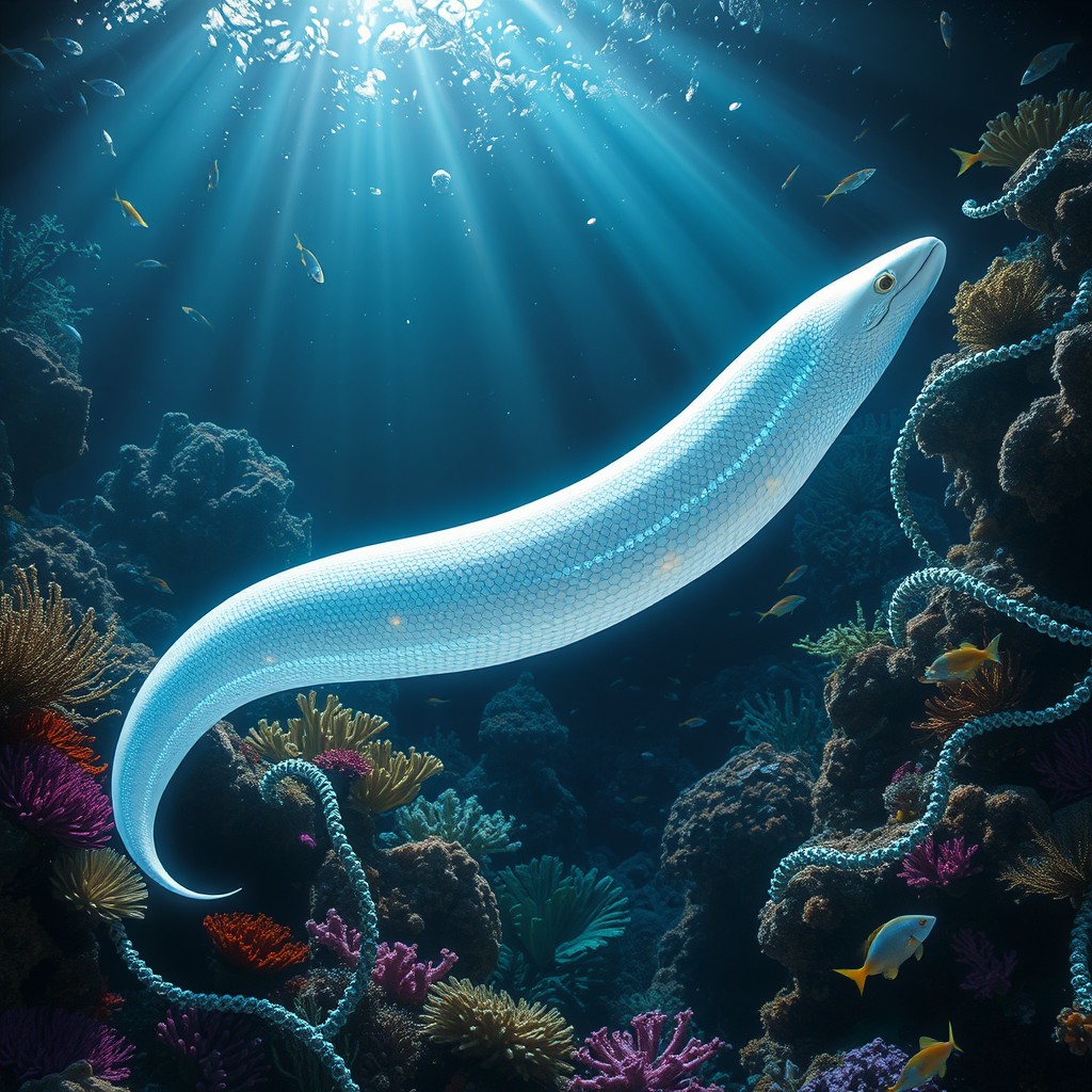 A mystical white eel swimming gracefully through an enchanting underwater landscape