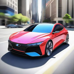 Imagine a digital art piece depicting a futuristic Hyundai car, designed by Nintendo