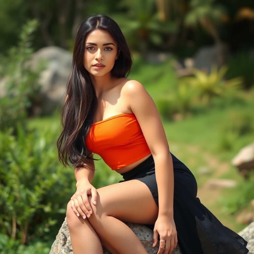 A slim, big-breasted brunette woman wearing an orange top and a black skirt, posing confidently on a large rock