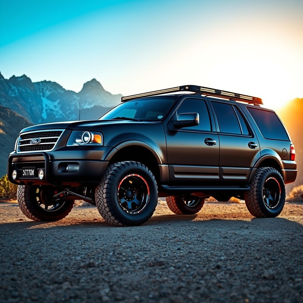 A customized 2006 Ford Expedition, featuring aggressive off-road modifications, including rugged tires, a lifted suspension, LED light bars on the roof, and upgraded bumpers