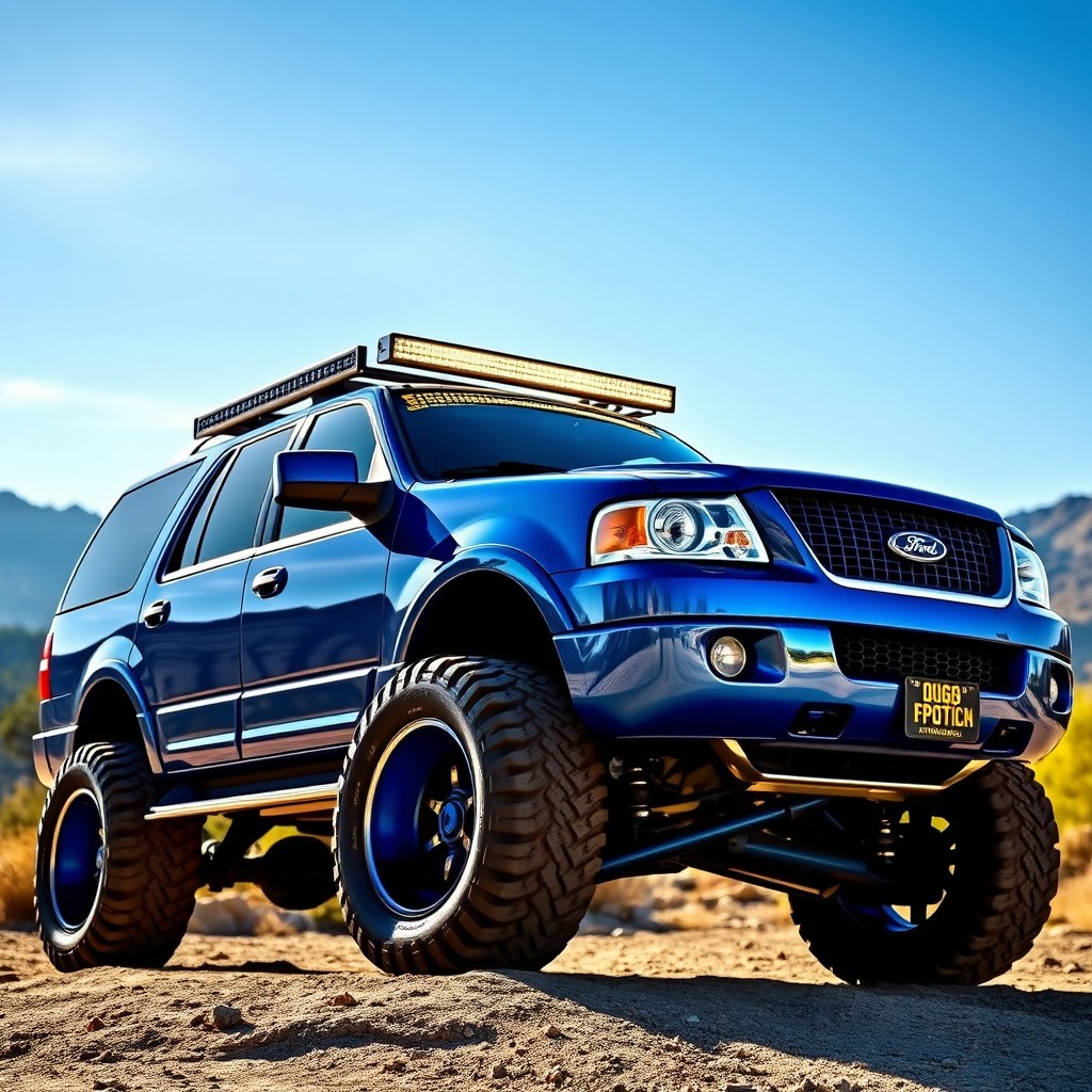 A customized blue 2006 Ford Expedition, showcasing impressive off-road modifications such as oversized rugged tires, an elevated suspension, and stylish LED light bars mounted on the roof