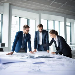 A multifaceted civil engineering and real estate consultancy office, displaying a series of comprehensive building designs alongside blueprints of an innovative bridge, models of various infrastructures, with professionals engaged in architectural brainstorming