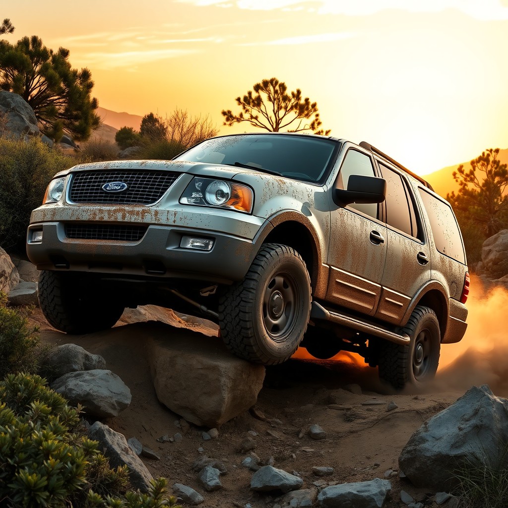 An adventurous depiction of a 2006 Ford Expedition navigating a rugged off-road terrain