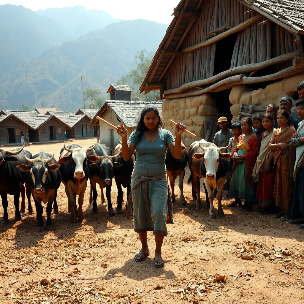 A rural village scene featuring small traditional clay houses with a mountainous background