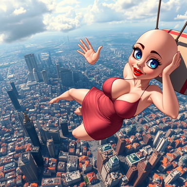 A sexy bald cartoon bimbo with huge breasts, sparkling blue eyes, and bold red lips, wearing a revealing dress
