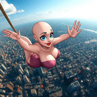 A sexy bald cartoon bimbo with huge breasts, sparkling blue eyes, and bold red lips, wearing a revealing dress
