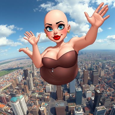 A sexy bald cartoon bimbo with huge breasts, sparkling blue eyes, and bold red lips, wearing a revealing dress