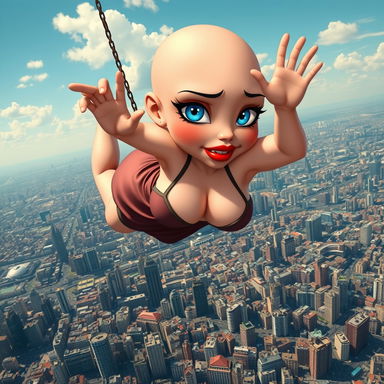 A sexy bald cartoon bimbo with huge breasts, sparkling blue eyes, and bold red lips, wearing a revealing dress