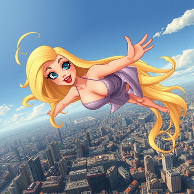 A sexy blonde cartoon bimbo with huge breasts, captivating blue eyes, and bold red lips, wearing a revealing dress