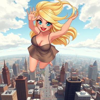 A sexy blonde cartoon bimbo with huge breasts, captivating blue eyes, and bold red lips, wearing a revealing dress