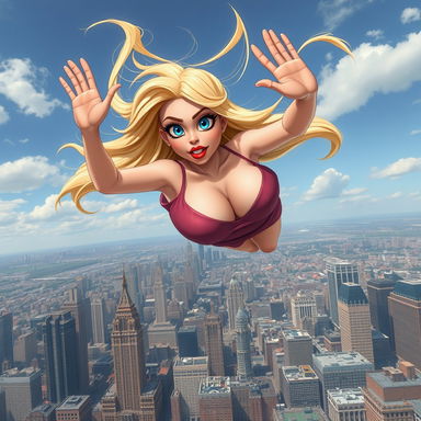 A sexy blonde cartoon bimbo with huge breasts, captivating blue eyes, and bold red lips, wearing a revealing dress