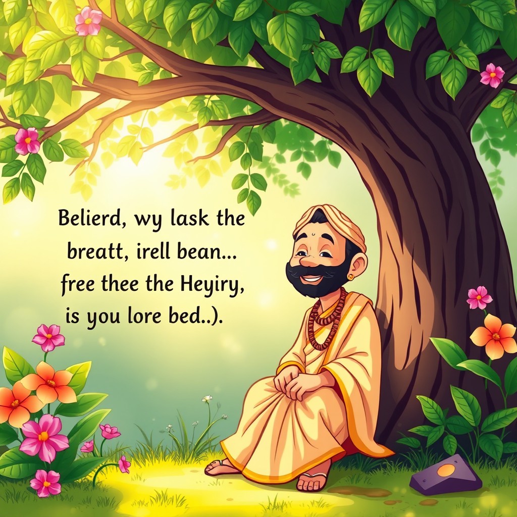 A charming illustration of a wise character in traditional Indian attire, sitting under a tree, smiling, and sharing a poignant proverb, surrounded by the glistening beauty of nature