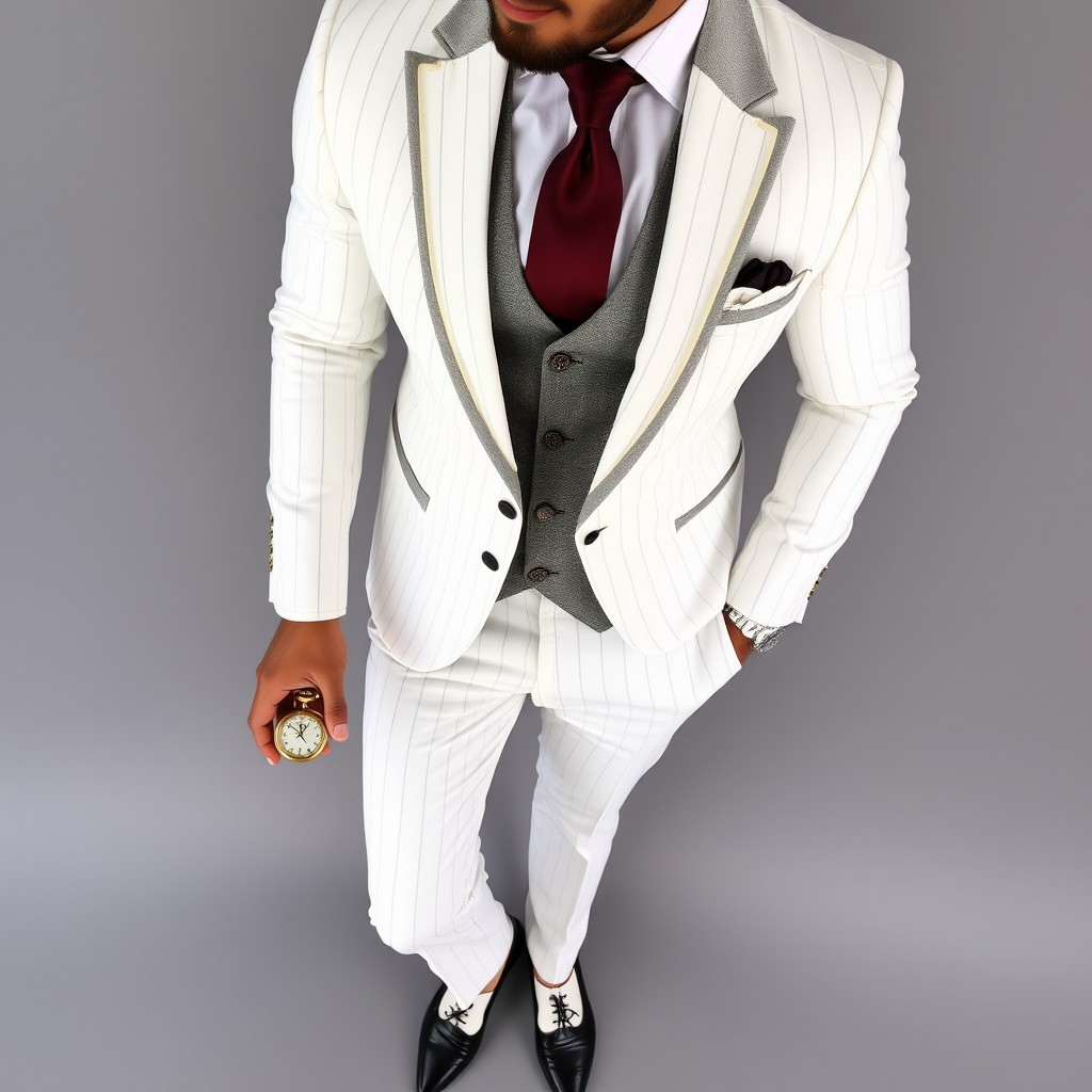 A stylish man dressed in a white pinstriped suit complemented by a gray vest