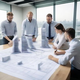 A multifaceted civil engineering and real estate consultancy office, displaying a series of comprehensive building designs alongside blueprints of an innovative bridge, models of various infrastructures, with professionals engaged in architectural brainstorming