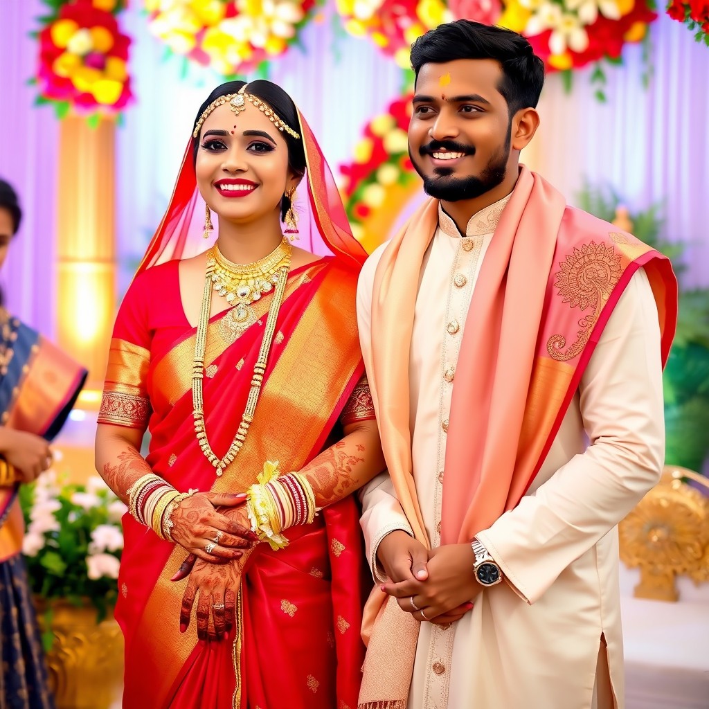 A beautiful, traditional Hindu woman in a vibrant red and gold saree, adorned with intricate henna patterns on her hands, and elegant jewelry, smiling joyfully as she participates in a wedding ceremony