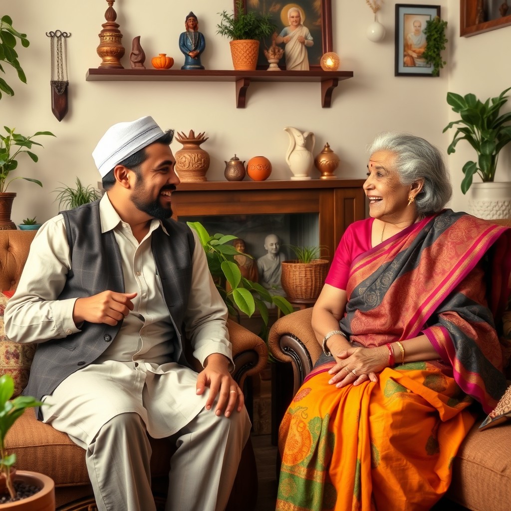 A warm and friendly scene depicting a Muslim man in a smart casual outfit, engaged in a lively conversation with an older Hindu woman, who is wearing a colorful saree and has a welcoming smile