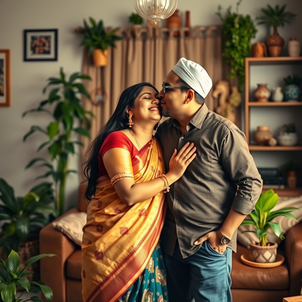 A warm and affectionate scene capturing a Hindu woman in a beautiful traditional saree leaning in to kiss a Muslim man, who is dressed in a smart casual outfit, on the cheek