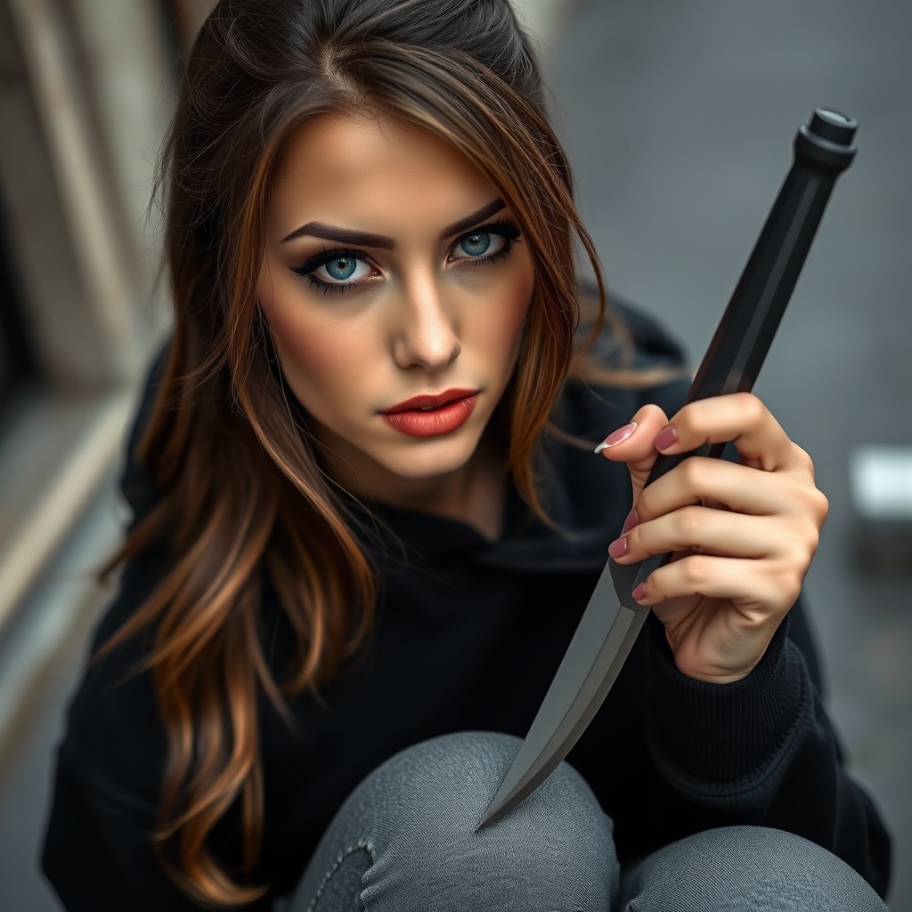 A beautiful woman with brown hair and striking blue eyes, dressed in a black hoodie and gray pants