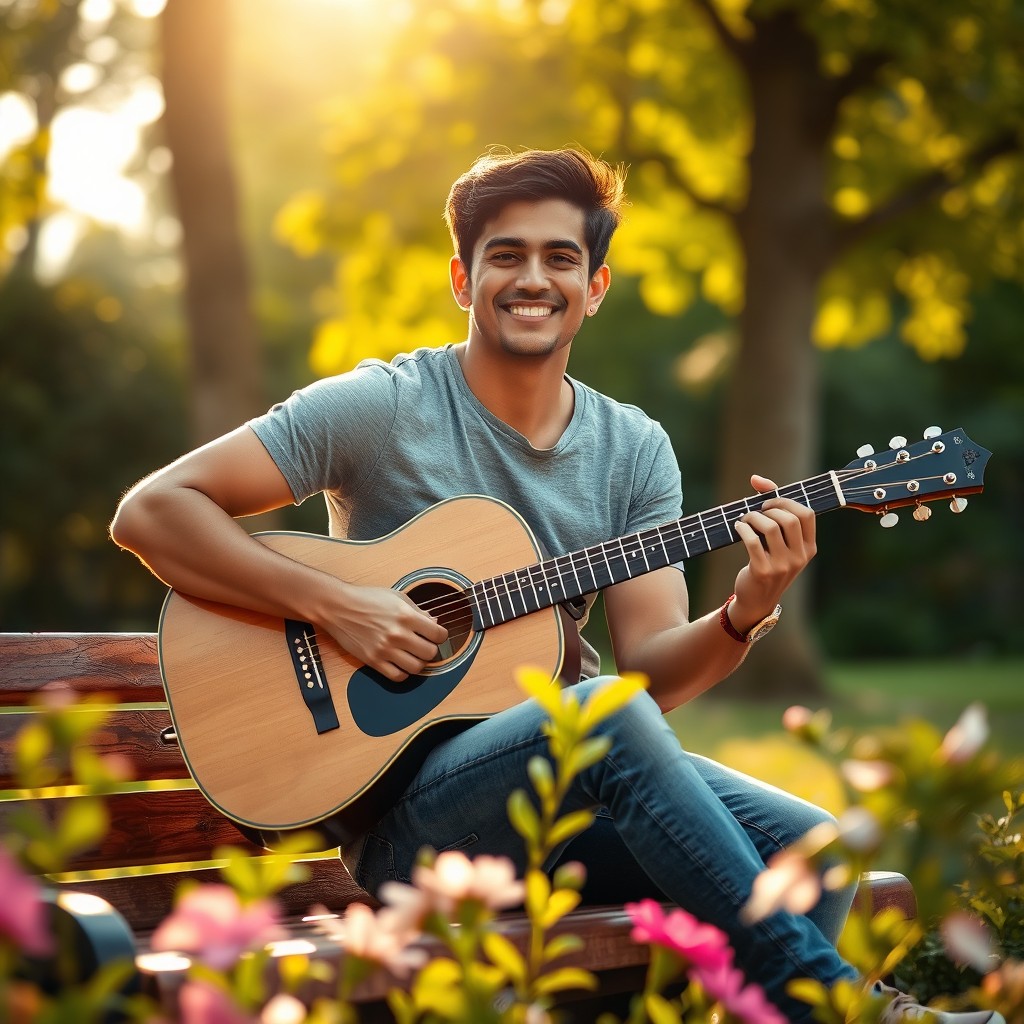 A young 25-year-old male singer with Latin features, sitting on a wooden bench in a serene outdoor setting, strumming a guitar