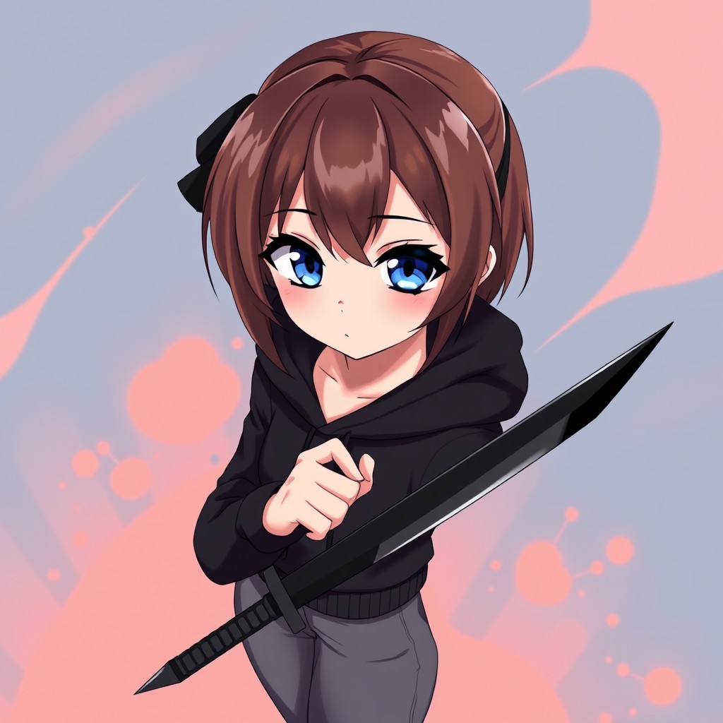 An anime girl with beautiful brown hair and captivating blue eyes, wearing a black hoodie and gray pants
