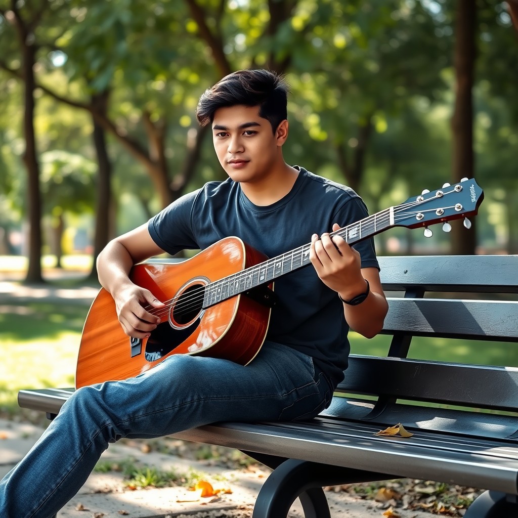 A young Latino male, 25 years old, sitting on a bench while playing an acoustic guitar