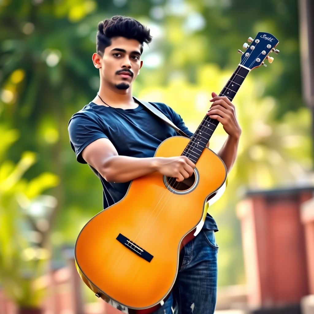 A young Latino male, 25 years old, standing and playing an acoustic guitar