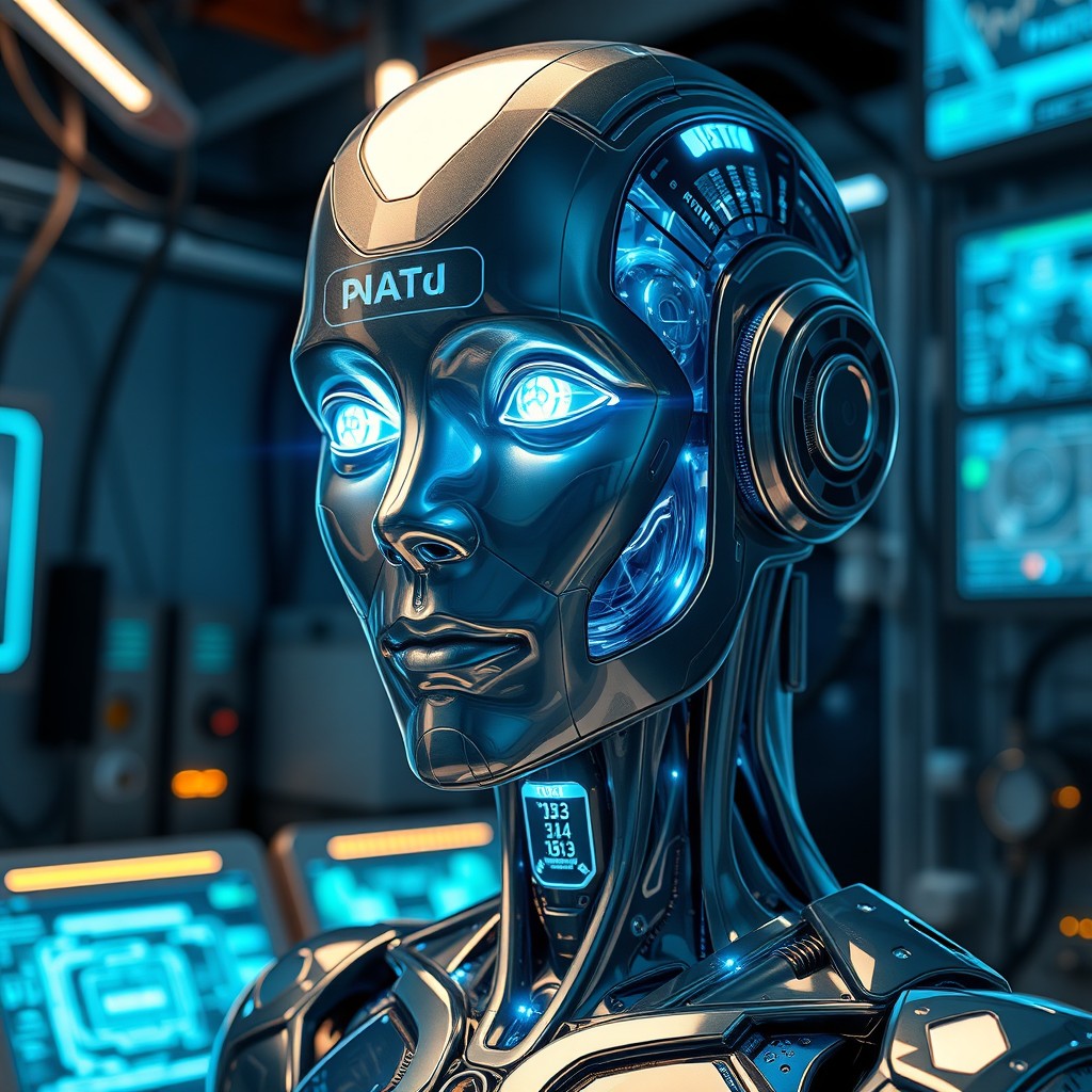A hyper-realistic portrait of a futuristic AI robot, featuring gleaming metallic surfaces, intricate circuits visible beneath a translucent skin, illuminated by soft blue lights