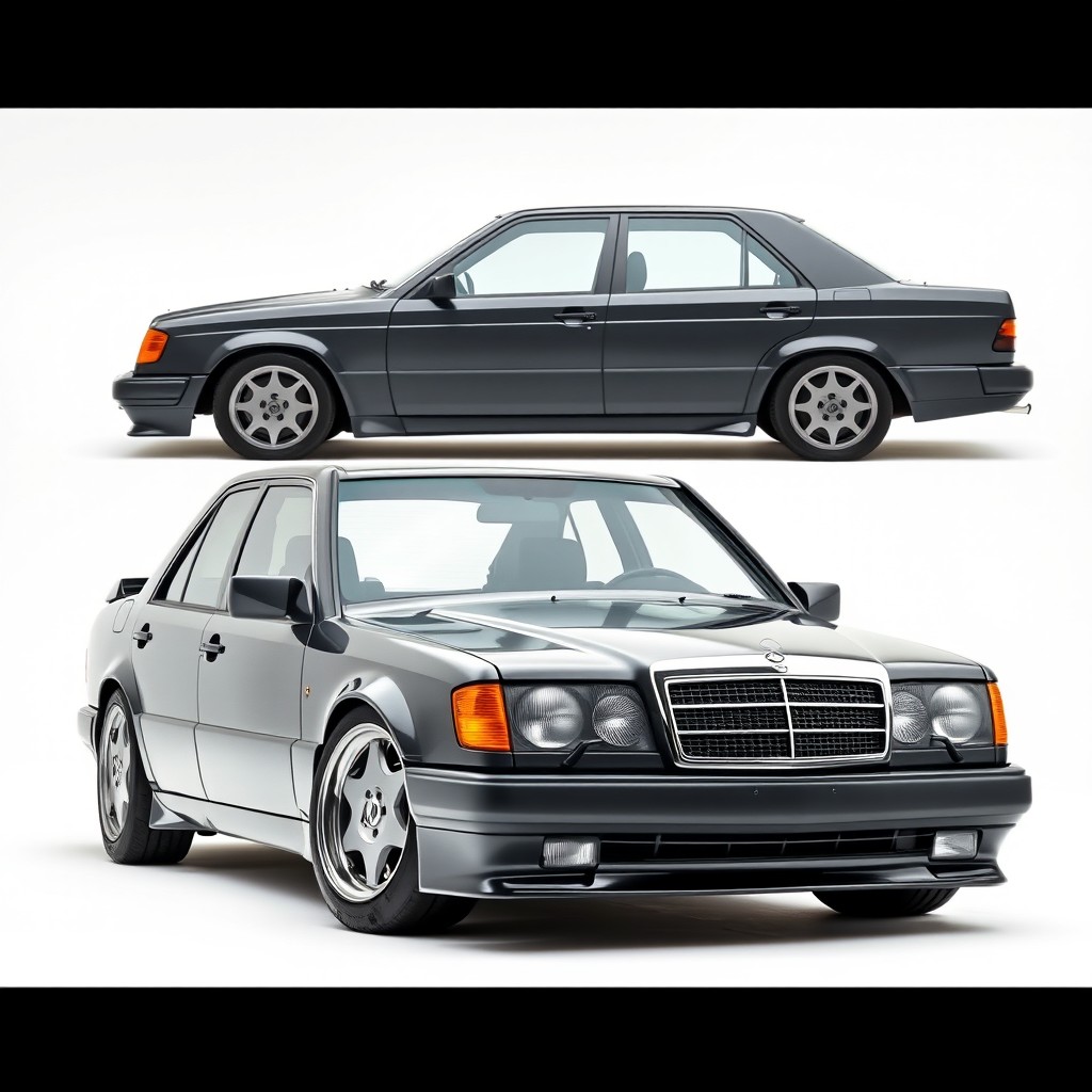 A 3/4 front view of a Mercedes 300 CE-24 restomod from 1989, showcasing its sleek lines and classic design