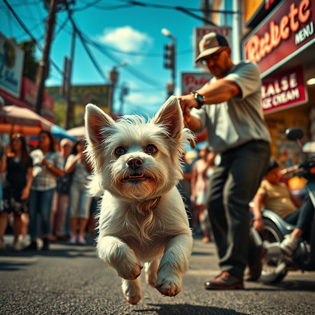 A small white dog with messy fur, its eyes wide and filled with tears, ears pulled back, and tail tucked, runs away crying in fear as an angry ice cream shop owner swings a wooden stick towards it