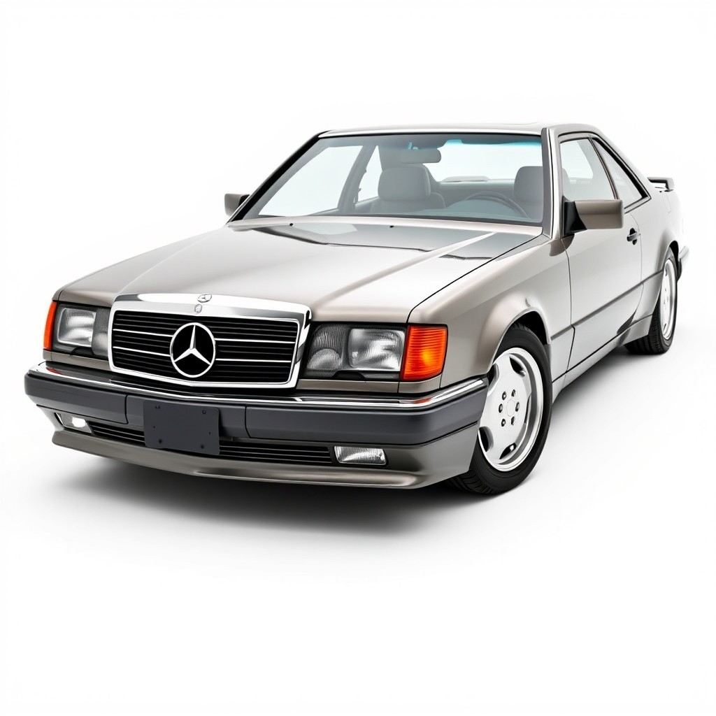 A 3/4 front view of a Mercedes 300 CE-24 coupe restomod from 1989, showcasing its sleek lines and classic design