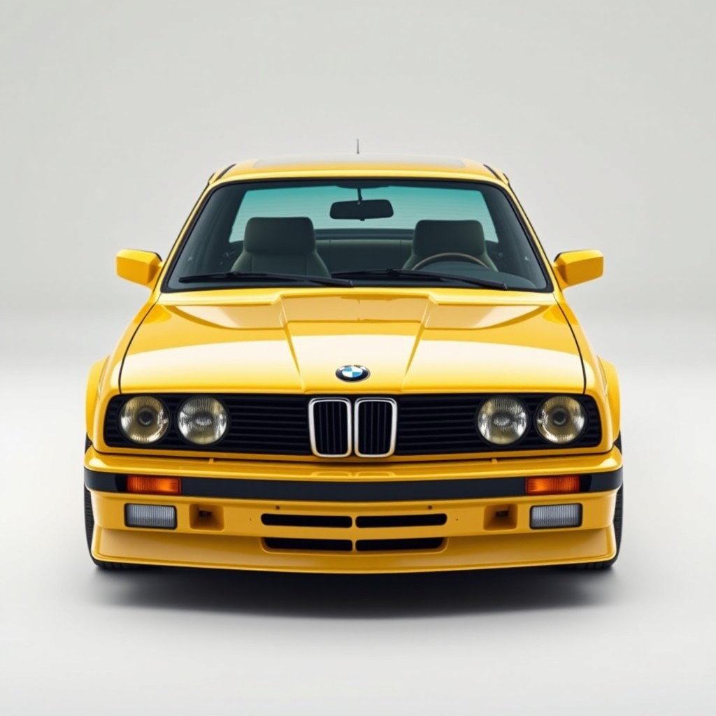 A photorealistic image of a BMW E30 shown from a 3/4 front angle, fully visible, painted in the vibrant BMW Rallye Evo Yellow
