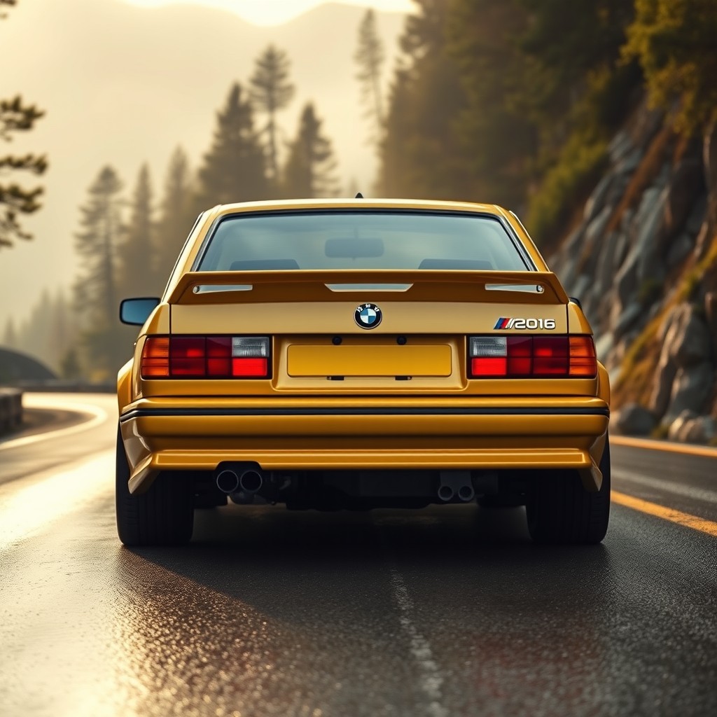 A highly detailed and realistic rendering of a BMW E30 M3 2-door coupe restomod, viewed from a 3/4 rear perspective on a narrow mountain road in the Pyrenees