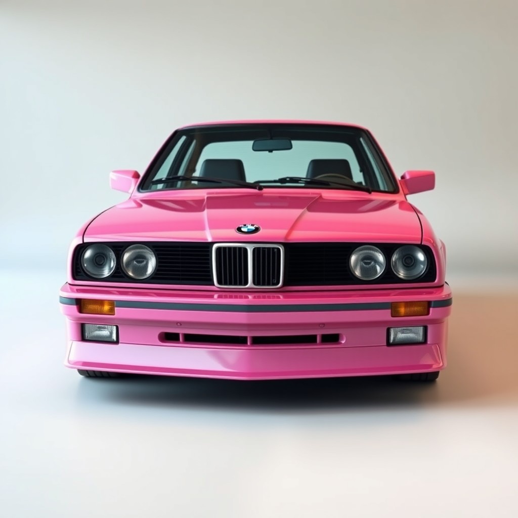 A photorealistic image of a BMW E30, displayed from a 3/4 front view with a modified front spoiler