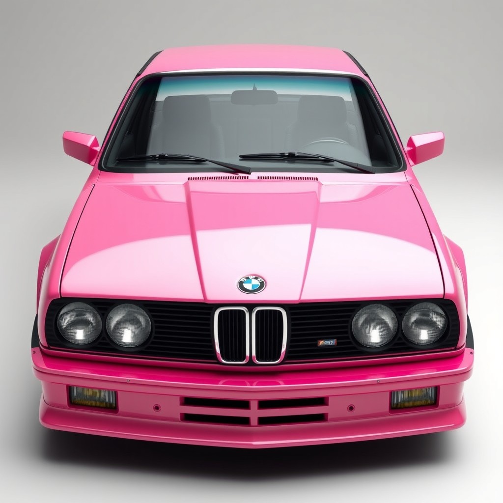A meticulous and realistic front view of a BMW E30, ensuring focus on the accurate details of the front bumper and custom spoiler